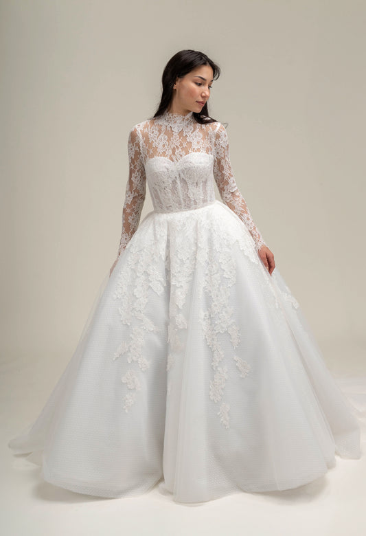 LOOK 26 Modest french corded lace sleeves bridal gown (Model WG2024-26)