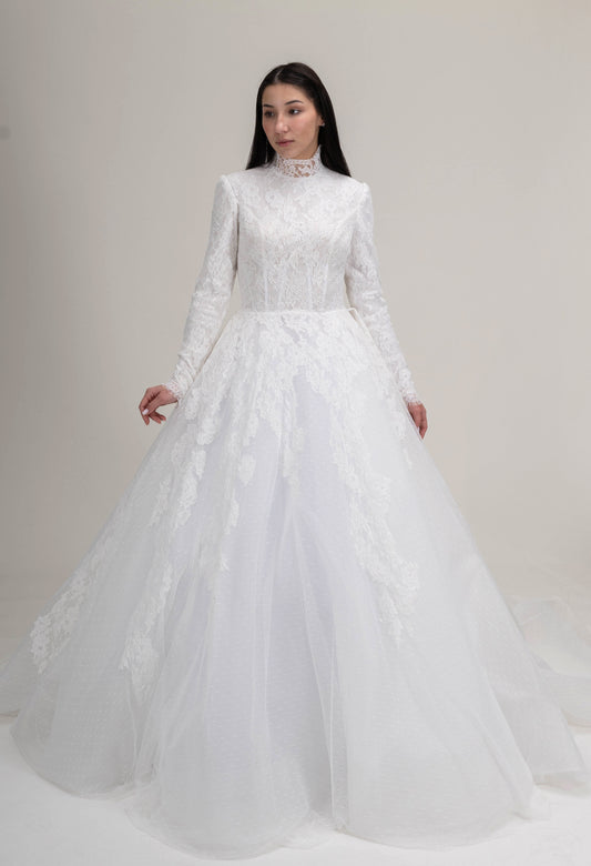 LOOK 27 Modest french corded lace sleeves fully lined bridal gown (Model WG2024-27)